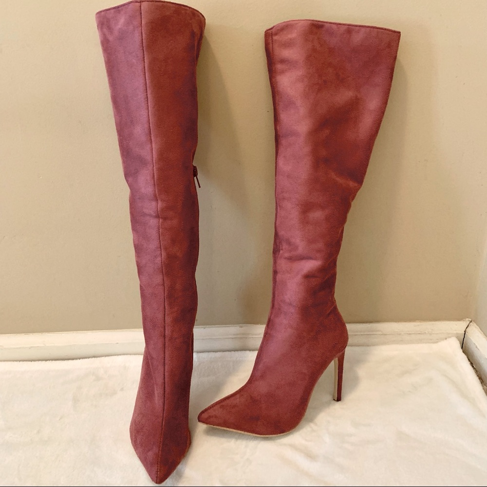 Jeffrey Campbell dark rose suede high heel knee boots 6